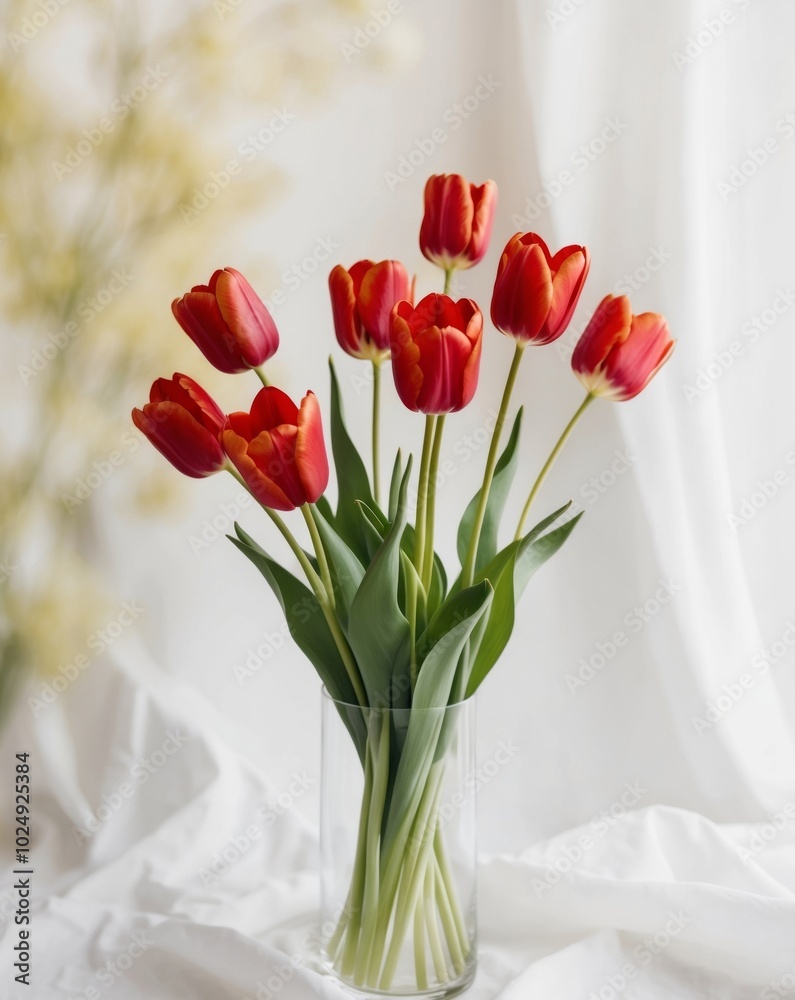 Flowers A Bouquet Of Red Tulips Blurred Background. Flowers A Bouquet Of Red Tulips Blurred Background.