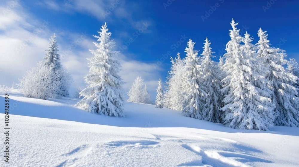 Fototapeta premium Snowy Landscape with Frosted Trees Under Blue Sky