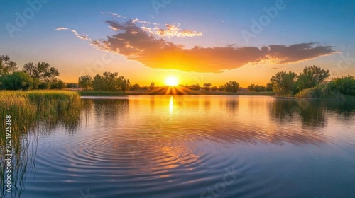 A serene sunrise over a calm lake, with soft ripples in the water and warm colors in the sky.