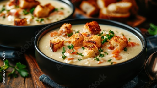 This image features a creamy soup served in a dark bowl, topped with golden croutons and fresh parsley, combining smooth textures and a touch of gourmet elegance.