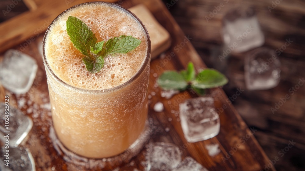 Refreshing Mint Drink with Ice Cubes and Foam