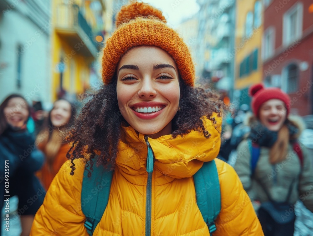 Smiling woman in yellow jacket and hat with backpack on city street, group of friends walking