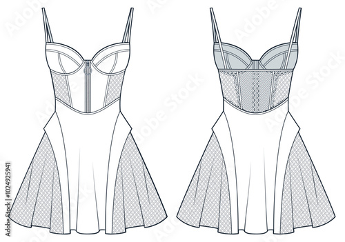 Corset mini Dress technical fashion illustration. Bustier Dress fashion flat technical drawing template, straps, front zipper, cutouts, front and back view, white, women Dress CAD mockup.