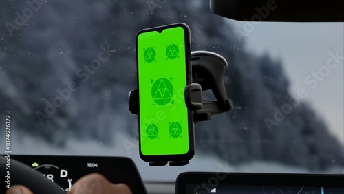 Fotografi A phone with a green mockup screen is mounted on a car's dashboard, during a snowy evening drive through a forest
