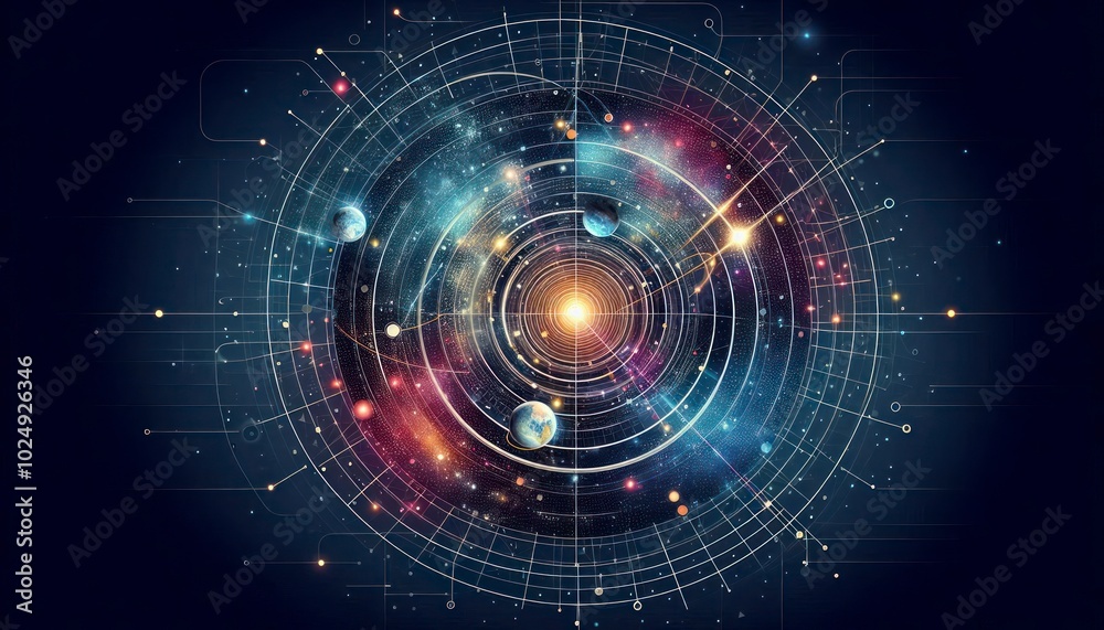 Abstract image of a Target in the form of a starry sky or space, consisting of points, lines, and shapes in the form of planets, stars and the universe. Abstract image of a Target in the form of a starry sky or space, consisting of points, lines, and shapes in the form of planets, stars and the universe.