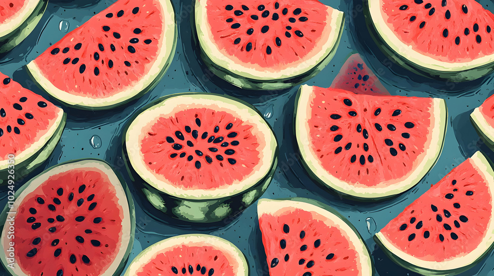 A vibrant arrangement of watermelon slices on a blue surface. A vibrant arrangement of watermelon slices on a blue surface.