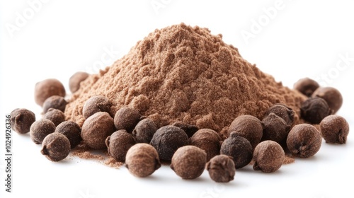 A small heap of ground allspice powder with whole berries