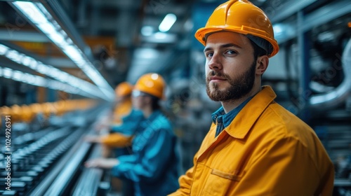 A focused worker in an industrial setting wears a hard hat and orange uniform, embodying dedication and safety, amidst a busy production environment.