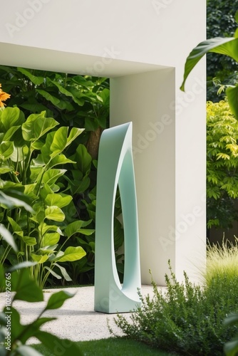 Serene garden with sculpture for advertising. photo