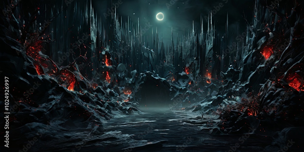 Fototapeta premium A dark, desolate landscape with a large, glowing moon in the background