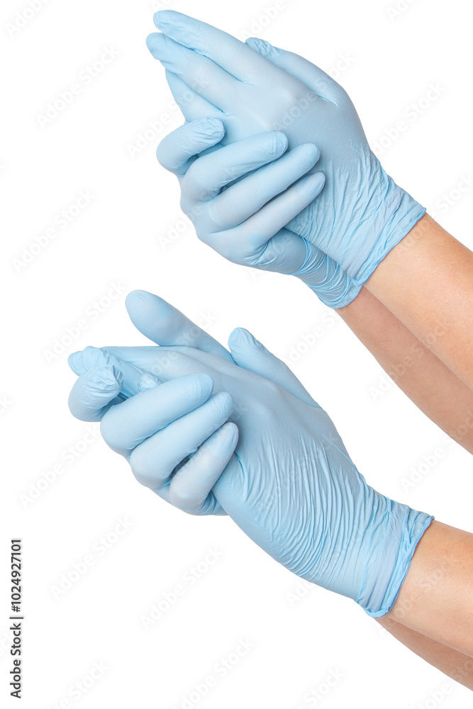 Set of hands in medical gloves clasped together on an empty background. Unity, collaboration, healthcare themes.