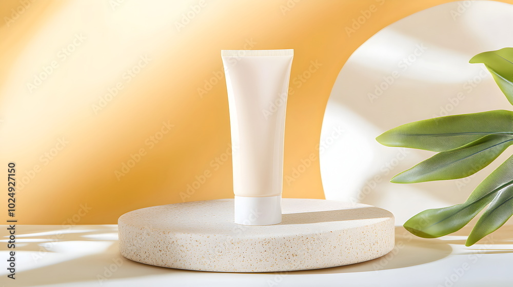 Golden Hour Skincare: White cosmetic tube on a beige stone tray against a warm, luxurious gold backdrop. Perfect for beauty product marketing and branding. Golden Hour Skincare: White cosmetic tube on a beige stone tray against a warm, luxurious gold backdrop. Perfect for beauty product marketing and branding.