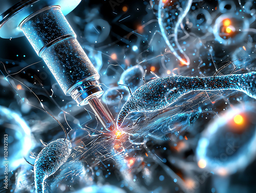 Microscopic view of cells with a syringe injecting glowing particles. photo