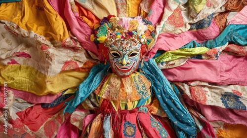 Vibrant Traditional Mask with Colorful Drapery