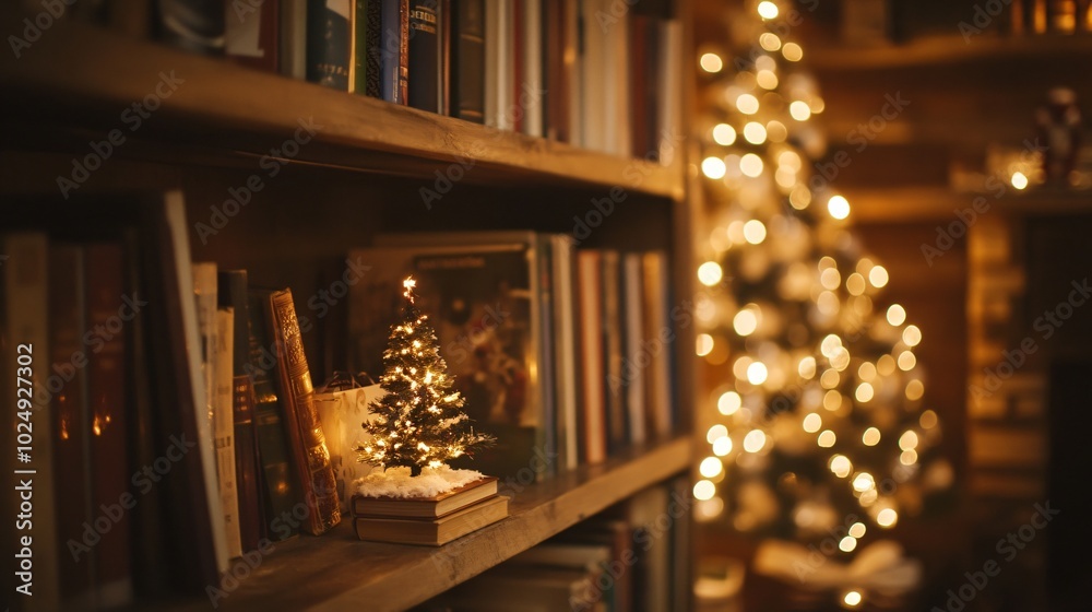 Cozy Bookshelf with Christmas Decor and Warm Lights Cozy Bookshelf with Christmas Decor and Warm Lights