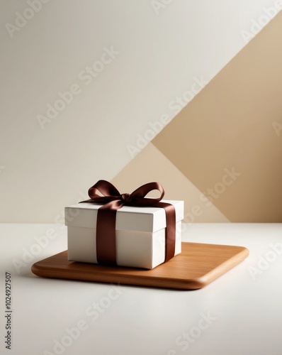 Gift Box With Brown Satin Knot On Wooden Board.