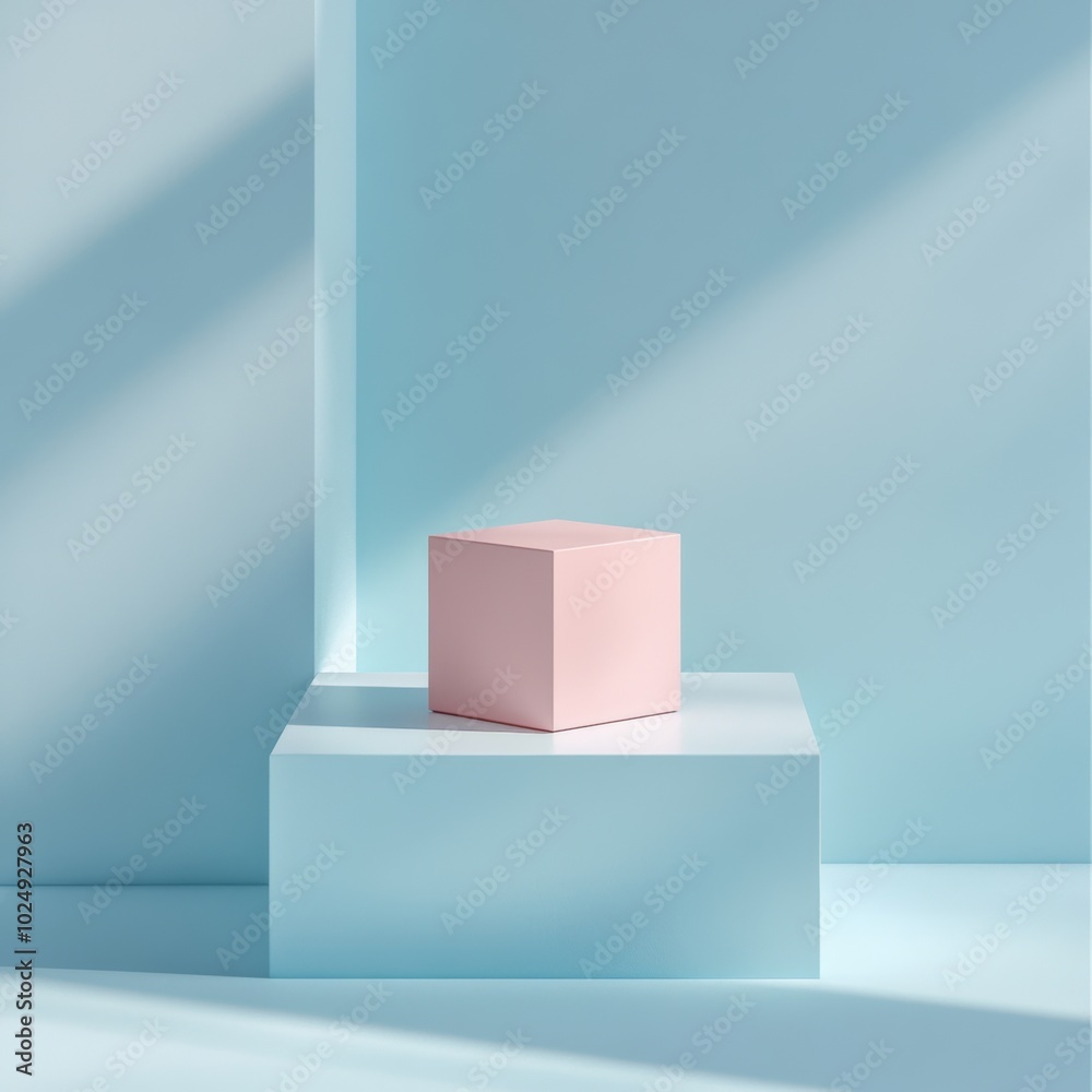 A pastel pink geometric cube resting on a minimal white stage with a soft blue backdrop A pastel pink geometric cube resting on a minimal white stage with a soft blue backdrop