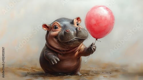 A cheerful hippo holds a red balloon, showcasing a whimsical and playful scene, blending innocence with charm. photo