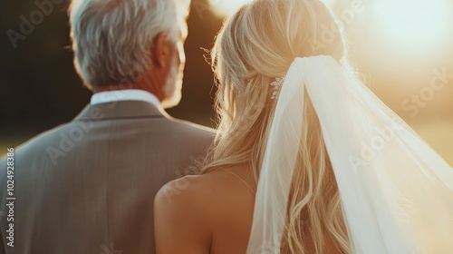 A touching scene of a bride with a flowing white veil, standing beside an elder man in a suit, captured during a moment of connection and warmth in glowing sunlight. photo