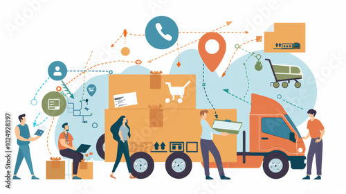 Efficient logistics and delivery services are depicted in this vibrant illustration, showcasing truck surrounded by various elements like packages, people, and icons representing communication and