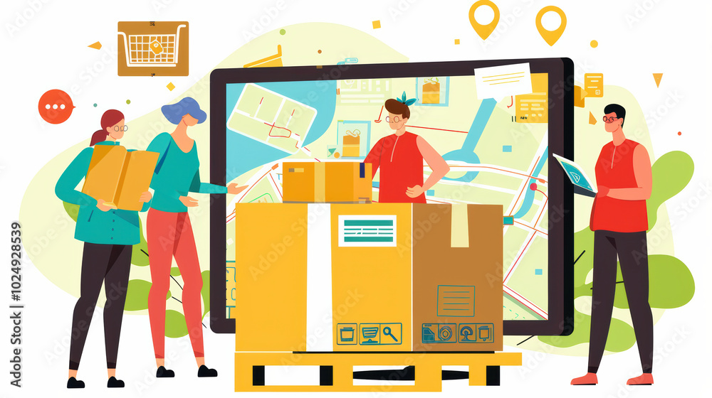 Efficient logistics and delivery services are depicted in this vibrant illustration, showcasing people interacting with packages and digital map. scene emphasizes teamwork and modern technology in Efficient logistics and delivery services are depicted in this vibrant illustration, showcasing people interacting with packages and digital map. scene emphasizes teamwork and modern technology in