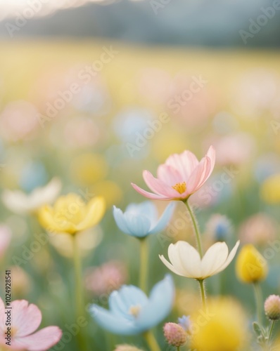 Soft Focus Colorful Flower Field in Golden Light.