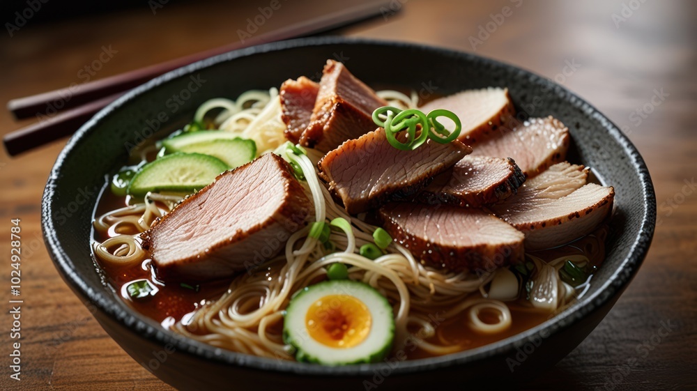 A bowl of ramen noodles with pork, cucumber, scallions, and a soft boiled egg. A bowl of ramen noodles with pork, cucumber, scallions, and a soft boiled egg.