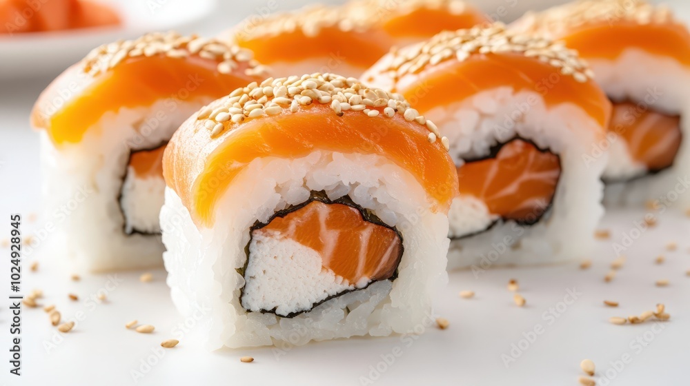 Delicious sushi rolls with salmon and sesame seeds Delicious sushi rolls with salmon and sesame seeds