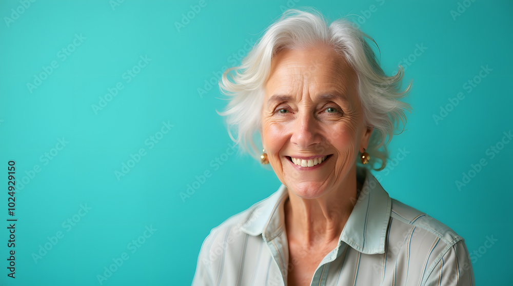 Elegant Elderly Woman in Casual Style on a Turquoise Background Elegant Elderly Woman in Casual Style on a Turquoise Background