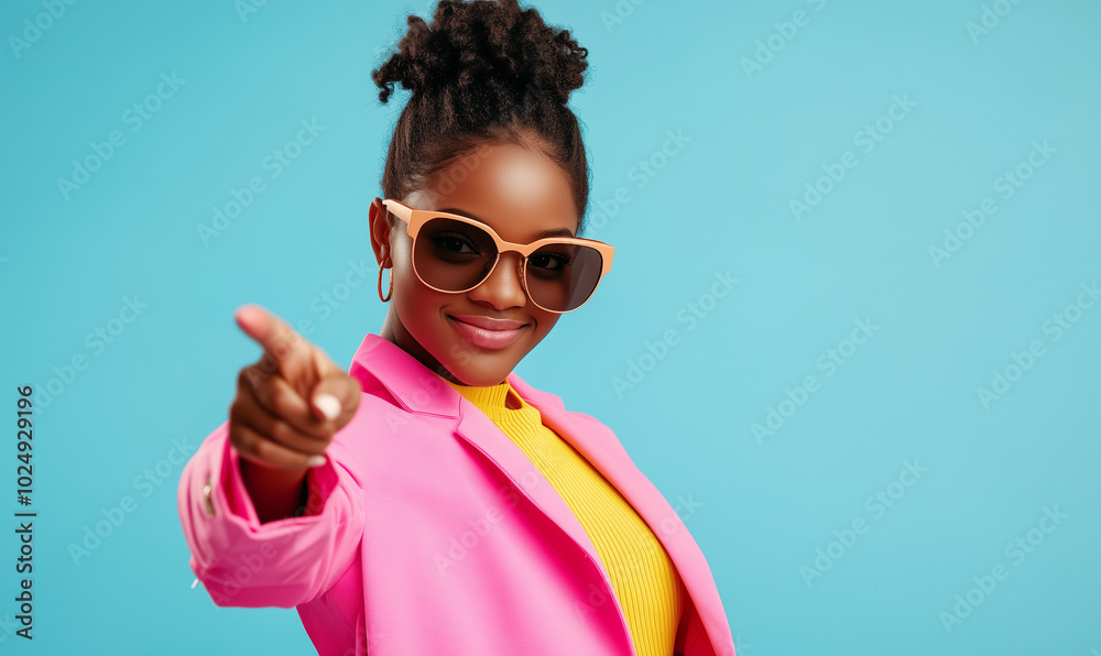 Happy young African American woman in pink jacket and sunglasses pointing at camera Happy young African American woman in pink jacket and sunglasses pointing at camera