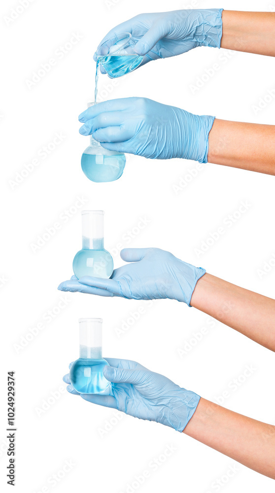 Set of hands in medical gloves holding a flask on an empty background. Laboratory use, scientific research, healthcare applications. Set of hands in medical gloves holding a flask on an empty background. Laboratory use, scientific research, healthcare applications.