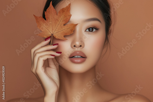 Front view portrait photo of beautiful young woman with perfect skin, showing eye and holding autumn leaf near face in one hand photo