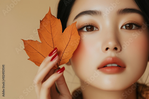 Front view portrait photo of beautiful young woman with perfect skin, showing eye and holding autumn leaf near face in one hand photo