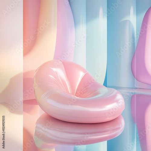 A pastel pink inflatable chair resting on a glossy platform with soft abstract shapes in the background