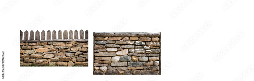 A weathered stone wall with a wooden fence on top. A weathered stone wall with a wooden fence on top.