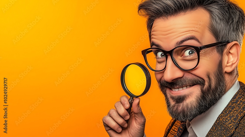 Cheerful Man Holding Magnifying Glass on Orange Background Cheerful Man Holding Magnifying Glass on Orange Background