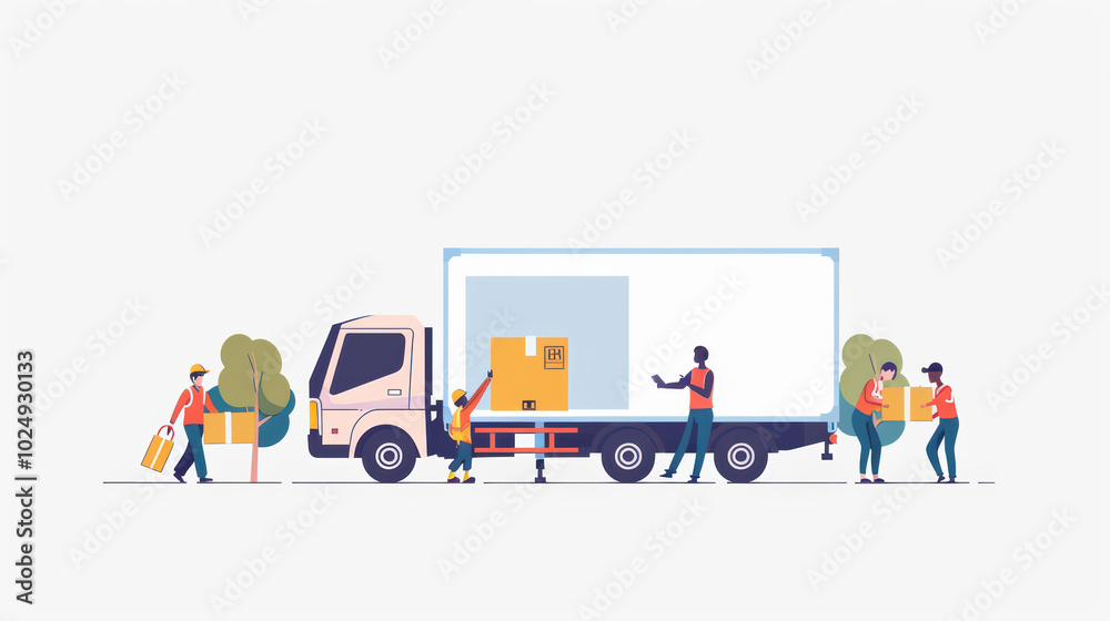 Delivery truck with workers unloading boxes, showcasing teamwork and logistics. scene captures essence of transportation and efficient delivery services Delivery truck with workers unloading boxes, showcasing teamwork and logistics. scene captures essence of transportation and efficient delivery services
