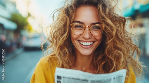 A cheerful woman with curly hair and glasses is actively engaged in reading a newspaper on a busy city street, conveying awareness, intellectual curiosity, and joy. photo