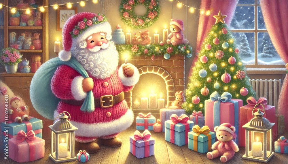 Santa Claus Enjoying the Magic of Christmas in a Warm, Pastel-Colored Storybook Scene with Gifts and a Cozy Glow