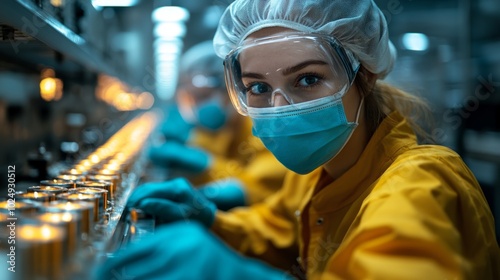 A woman in a yellow lab coat and a blue mask is working in a factory