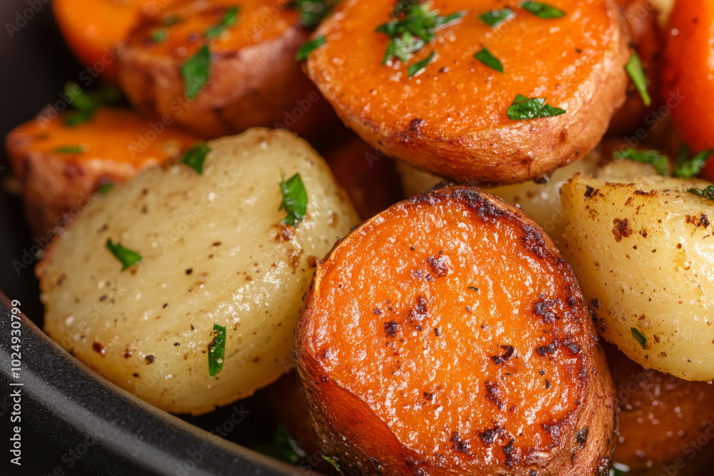 A bowl of food with a variety of vegetables including carrots and potatoes A bowl of food with a variety of vegetables including carrots and potatoes