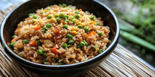 Close-up of a bowl of fried rice with peas, carrots, and scrambled eggs.