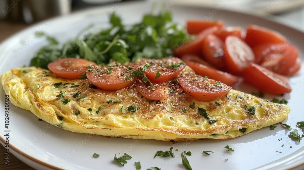 A delicious omelet with cherry tomatoes and arugula on a white plate. A delicious omelet with cherry tomatoes and arugula on a white plate.