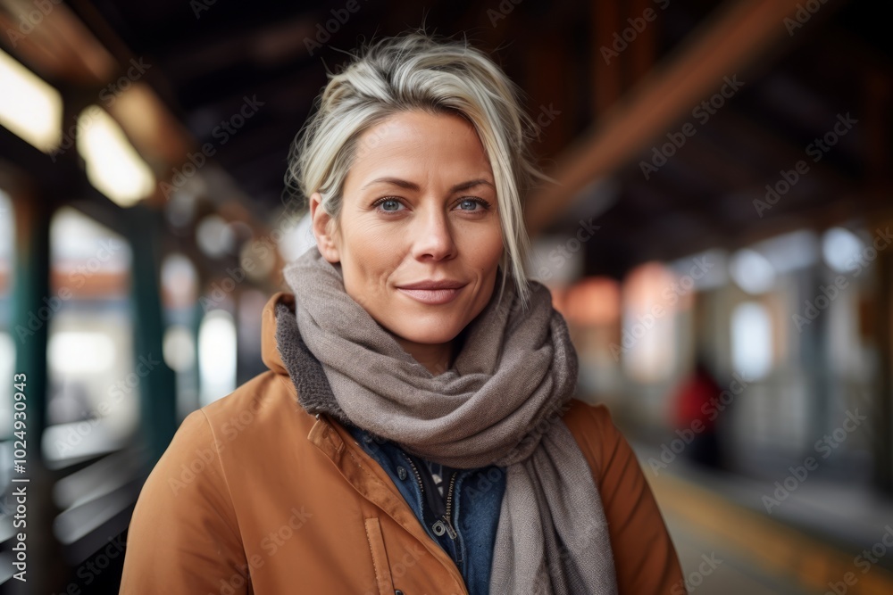 Portrait of a beautiful woman in a train station, looking at camera