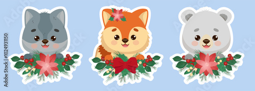 ПечатьStickers with cute characters. Christmas stickers with wolf, fox and polar bear. Will decorate any gift. Cute forged animals for congratulations