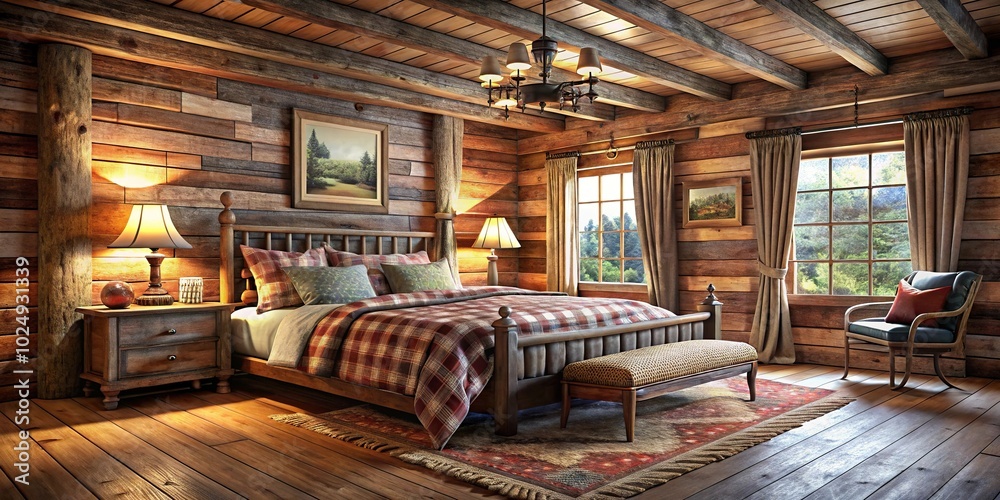 Fototapeta premium Rustic wooden cabin bedroom with warm textiles and antique furnishings