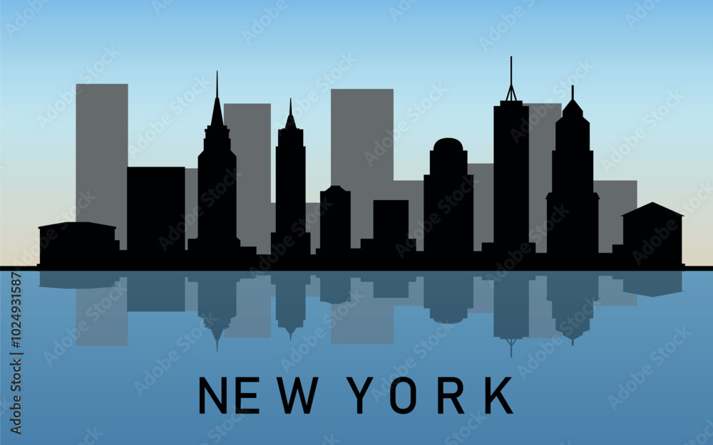 Naklejka premium Black silhouette of New York city skyline with reflection in the water on the background of blue sky. Vector graphics