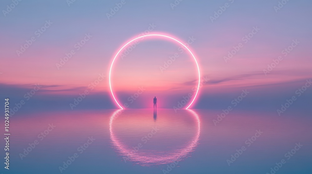 silhouette of a person standing in a glowing circle at sunset