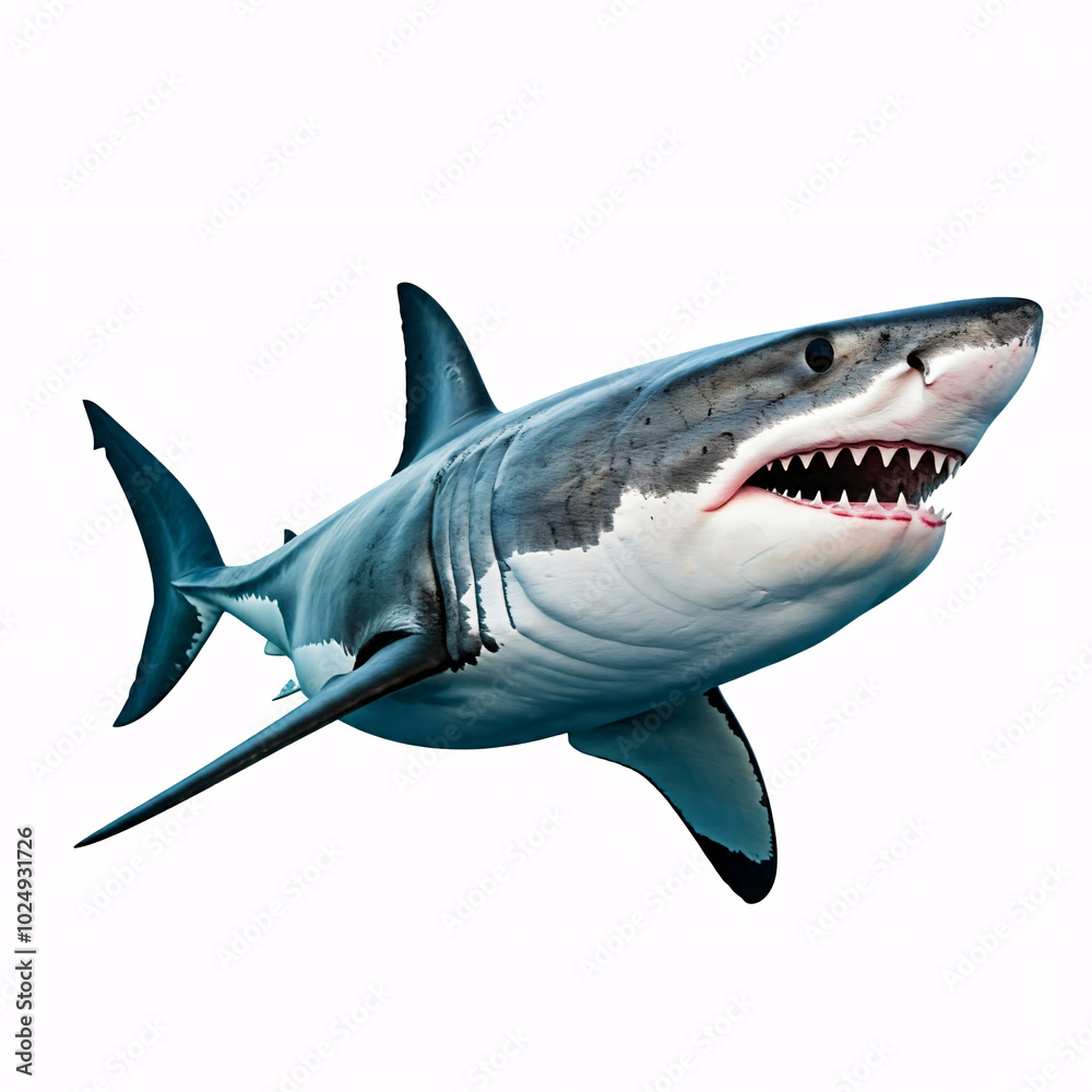 Fototapeta premium great white shark with open mouth underwater closeup isolated on white