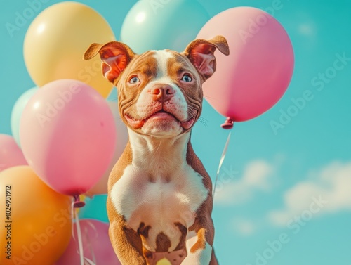 Puppy with a bunch of balloons in front of him photo